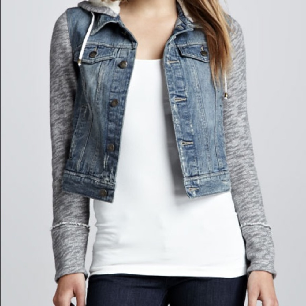 Free People Distressed Denim Hooded Jacket M